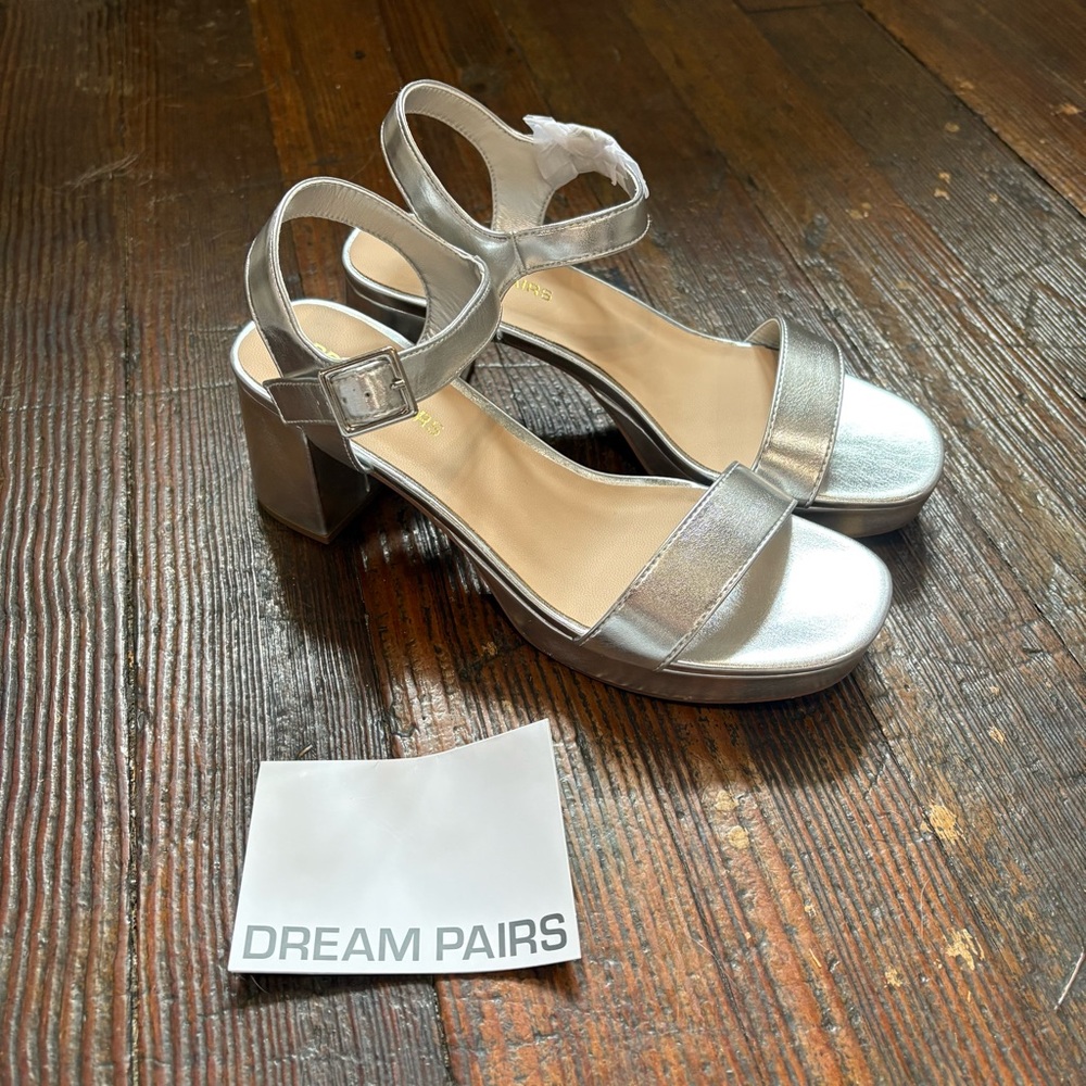 Dream Pairs Silver Heels with Block Heel and Ankle Strap